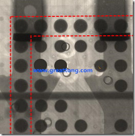 BGA錫球尺寸小于0.4mm，采用降低BGA內(nèi)圍襲球的錫膏量所得到X-Ray，稍微留意一下可以發(fā)現(xiàn)最外圈的錫量(圓的直徑)比其他內(nèi)圍的錫球上的錫量來得多一點點。也就是外圈的黑色圓形直徑比內(nèi)圈的圓形來得大一點點。