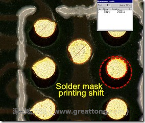 電路板BGA下面的防焊層印刷偏移，造成焊墊大小不一致。