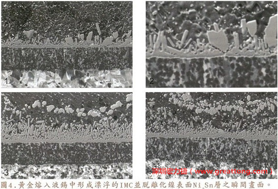 下面四張圖片為放大4500倍的SEM圖像，說明在回流焊爐熱量不足的情況下，黃金成份正要從鎳層分離融入焊錫之中的瞬間，當(dāng)零件遭受外力沖擊的時(shí)候就極有可能從這一整排AuSn、、AuSn2或AuSn4的IMC處裂開。