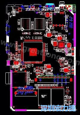 上圖是一個開發(fā)板的PCB，從布局中可以看出各個接口電路分離很明確，SDRAM和DDR以及SD卡接口電路等走線不會造成相互的干擾。-深圳宏力捷