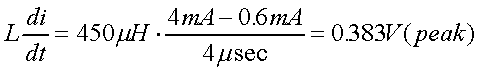 舉例來說，一個閘在"ON"而載有4mA的電流時，突然開關(guān)切到"OFF"且現(xiàn)在載有0.6mA的電流，假設(shè)開關(guān)時間為4msec，載有450mH的電感信號的導(dǎo)體，此時所產(chǎn)生的電壓突波為