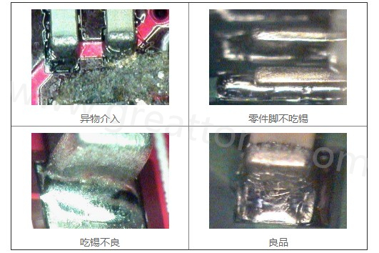 300X顯微鏡主要檢測這些PCBA加工問題：異物介入、零件腳不吃錫、 吃錫不良。