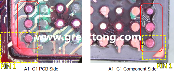 PIN-1的位置很重要，不知道Pin-1在哪里？那你怎么知道斷裂錫球在PCB的位置，如何判斷可能的應力(Stress) 影響。一般在PCB的絲印層(白漆)上面一定會標示零件的PIN-1位置，有的未打一個圓點，有的會畫三角形，但這張照片在PCB的PIN-1被紅墨水遮住了，如果可以的話建議那一塊沒有紅墨水的板子對照一下。