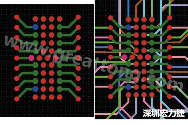 圖7：焊盤內過孔用于內部，而外部接腳在0.5mm閘格上扇出。圖7a顯示的是頂層(左)；圖7b顯示頂層和內部布線層(右)。