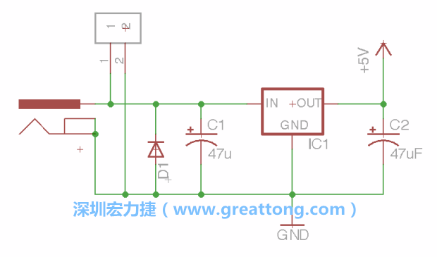 2.5.    新增一個二極體，它會以水平的狀態(tài)出現(xiàn)在屏幕上，請使用「旋轉(zhuǎn)（Rotate）」工具把它負極那一面朝上，并且用「網(wǎng)絡連接」工具將它連接在電壓調(diào)整器的輸入端和接地端之間。