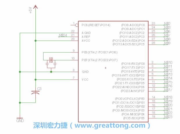 3.3.    將共鳴器（resonator）放置在針腳9和針腳10附近，將它的三個(gè)針腳連接如圖所示，并確認(rèn)最中間的針腳有連到接地端。