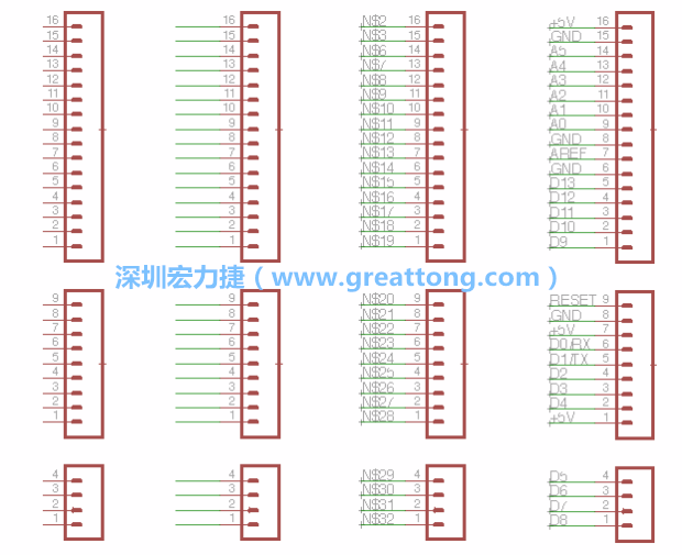 3.5.    你會(huì)發(fā)現(xiàn)EAGLE會(huì)給每條信號(hào)線都內(nèi)建一個(gè)標(biāo)簽，例如：N$2?，F(xiàn)在請(qǐng)使用「命名（Name）」工具來為這些信號(hào)線重新命名，并使它們符合ATmega的針腳名稱。