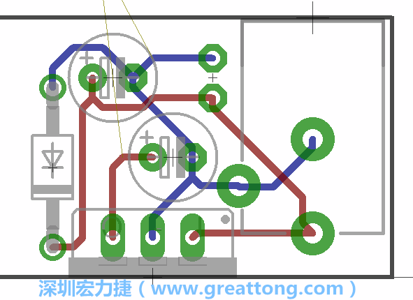 接地連結(jié)點(diǎn)的布線情形如下圖所示，利用這個(gè)練習(xí)來避免電路連線銳角化的產(chǎn)生是一個(gè)不錯(cuò)的選擇，你可以在工具列中的彎曲線路（Wire Bend）選項(xiàng)里改變各種布線的變化。